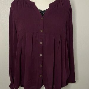 Artesia women XL Boho Peasant Blouse Burgundy Button Long Sleeve Flowy top